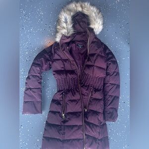 Laundry By Shelli Segal Plum Puffer Coat with Faux Fur Hood